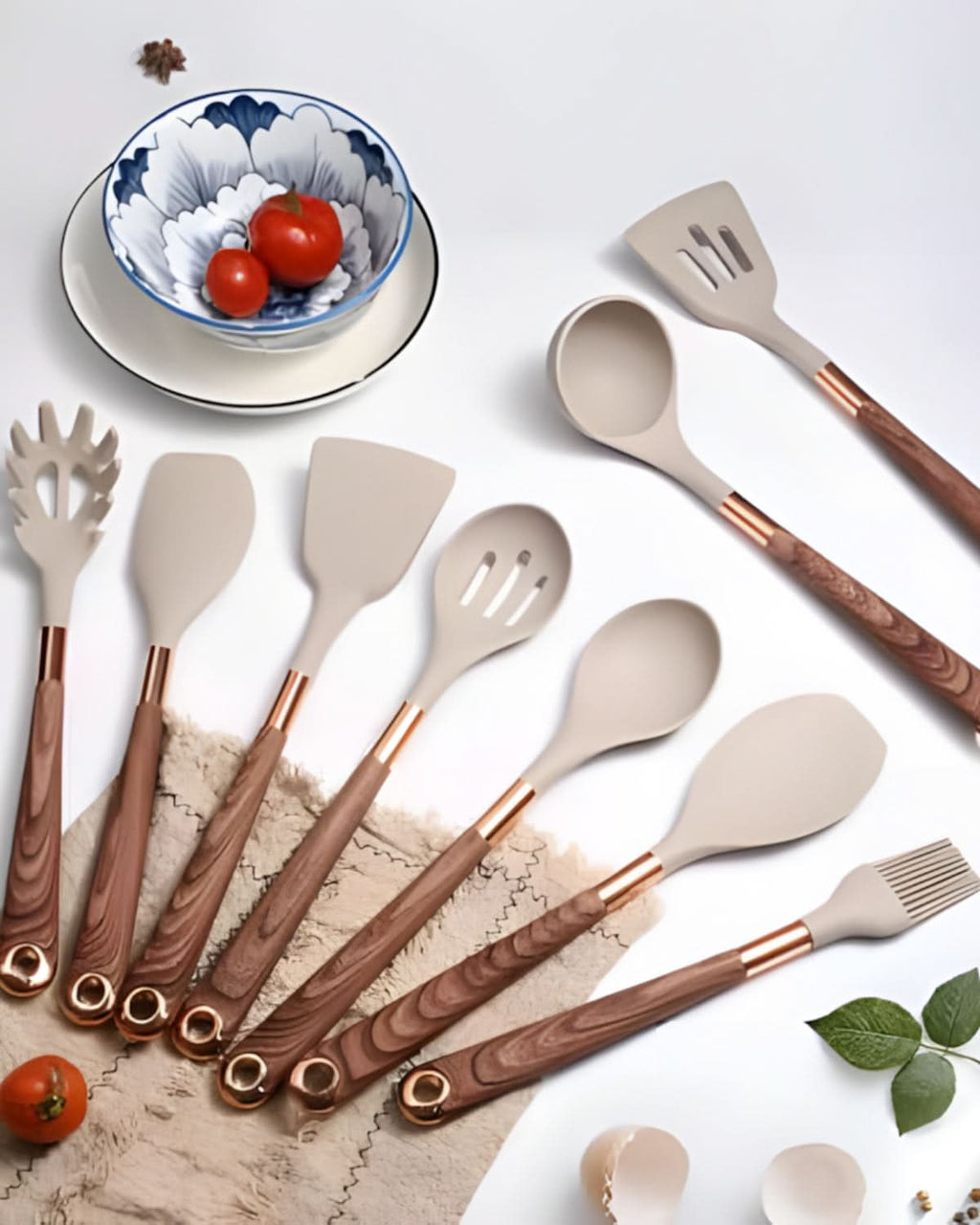 Aurelia Kitchen Silicone Utensil Set — Wood-Look Handles, Heat Resistant Tips