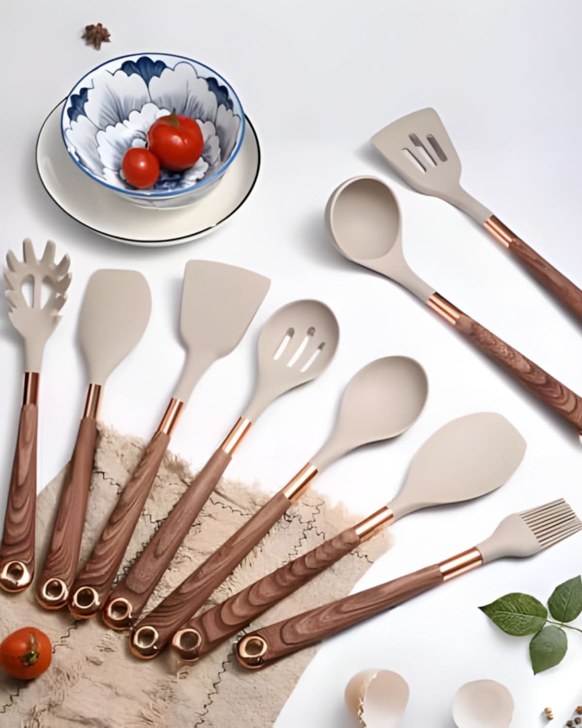 Aurelia Kitchen Silicone Utensil Set — Wood-Look Handles, Heat Resistant Tips
