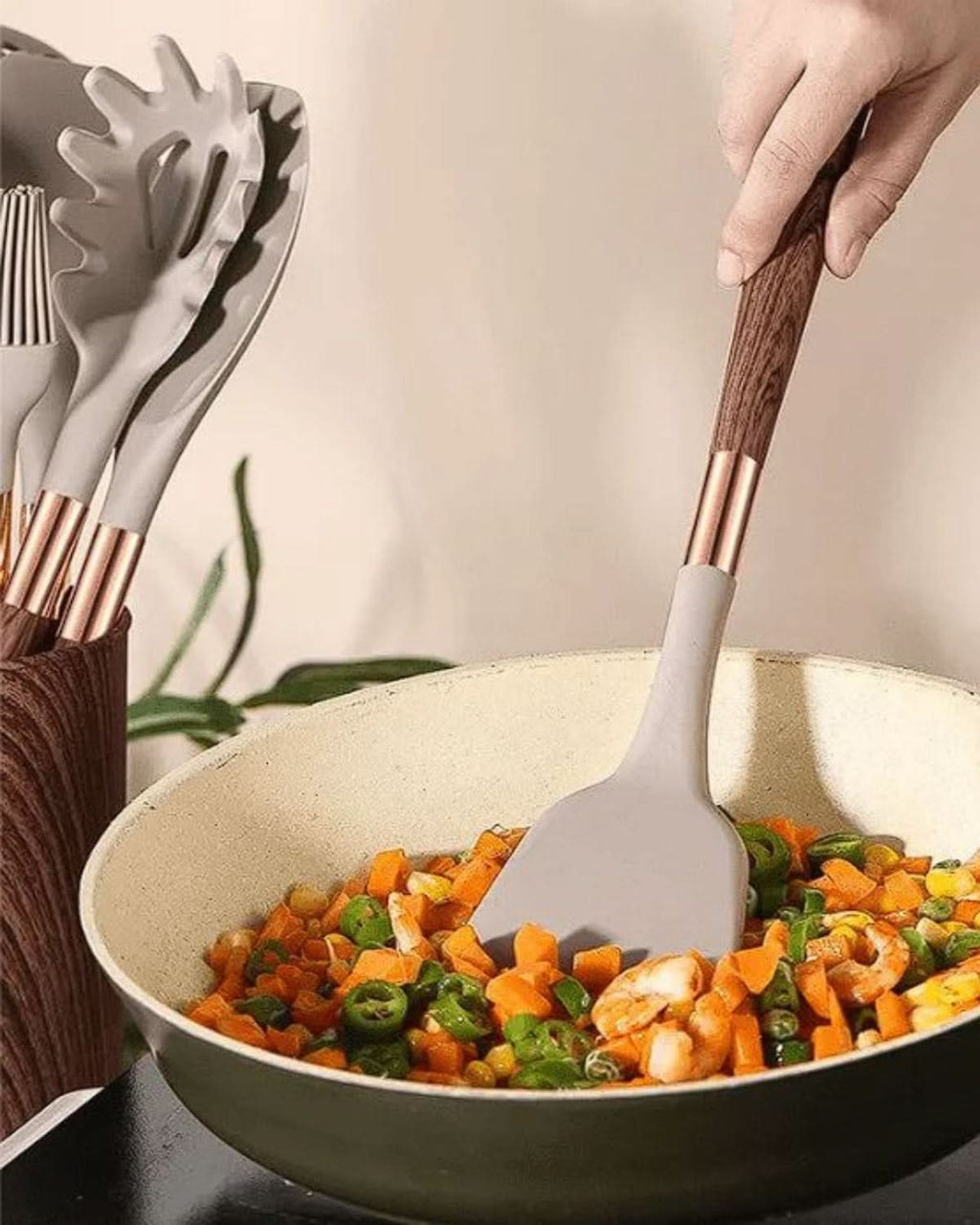 Aurelia Kitchen Silicone Utensil Set — Wood-Look Handles, Heat Resistant Tips