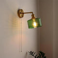 Wall Lamp Brass with Green/Clear Glass Shade and Pull Chain | ventumra