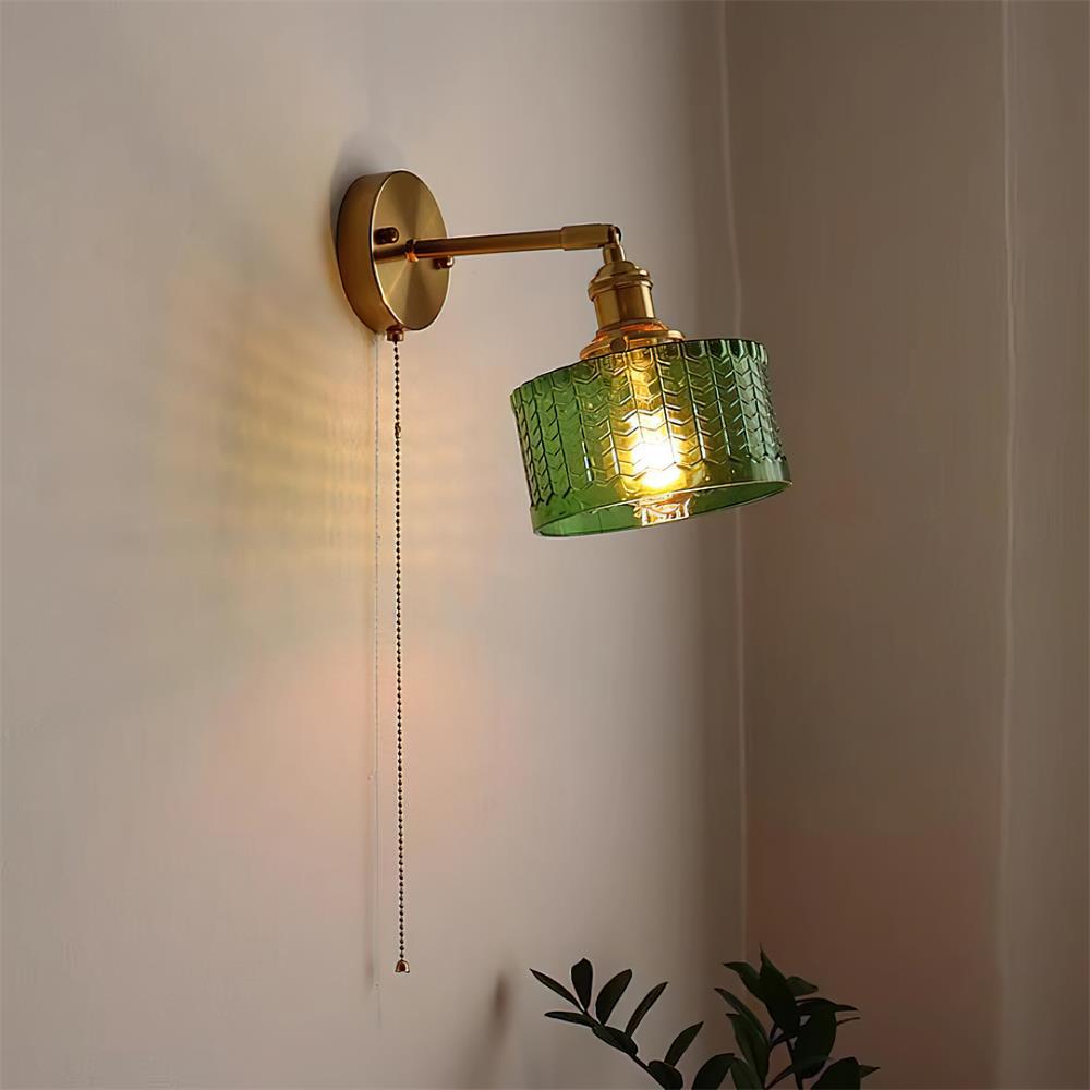 Wall Lamp Brass with Green/Clear Glass Shade and Pull Chain | ventumra