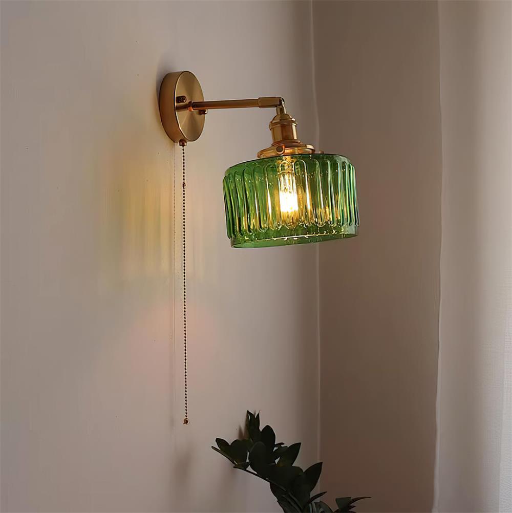 Wall Lamp Brass with Green/Clear Glass Shade and Pull Chain | ventumra