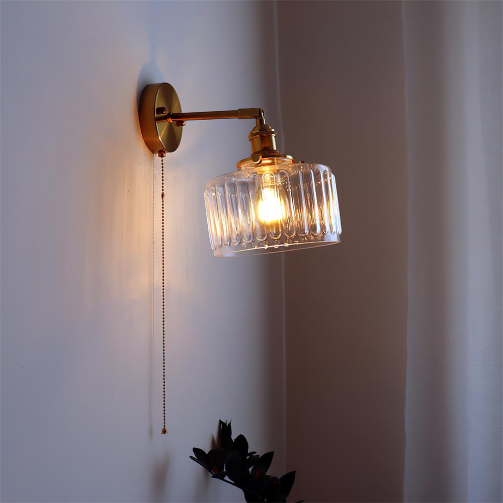 Wall Lamp Brass with Green/Clear Glass Shade and Pull Chain | ventumra
