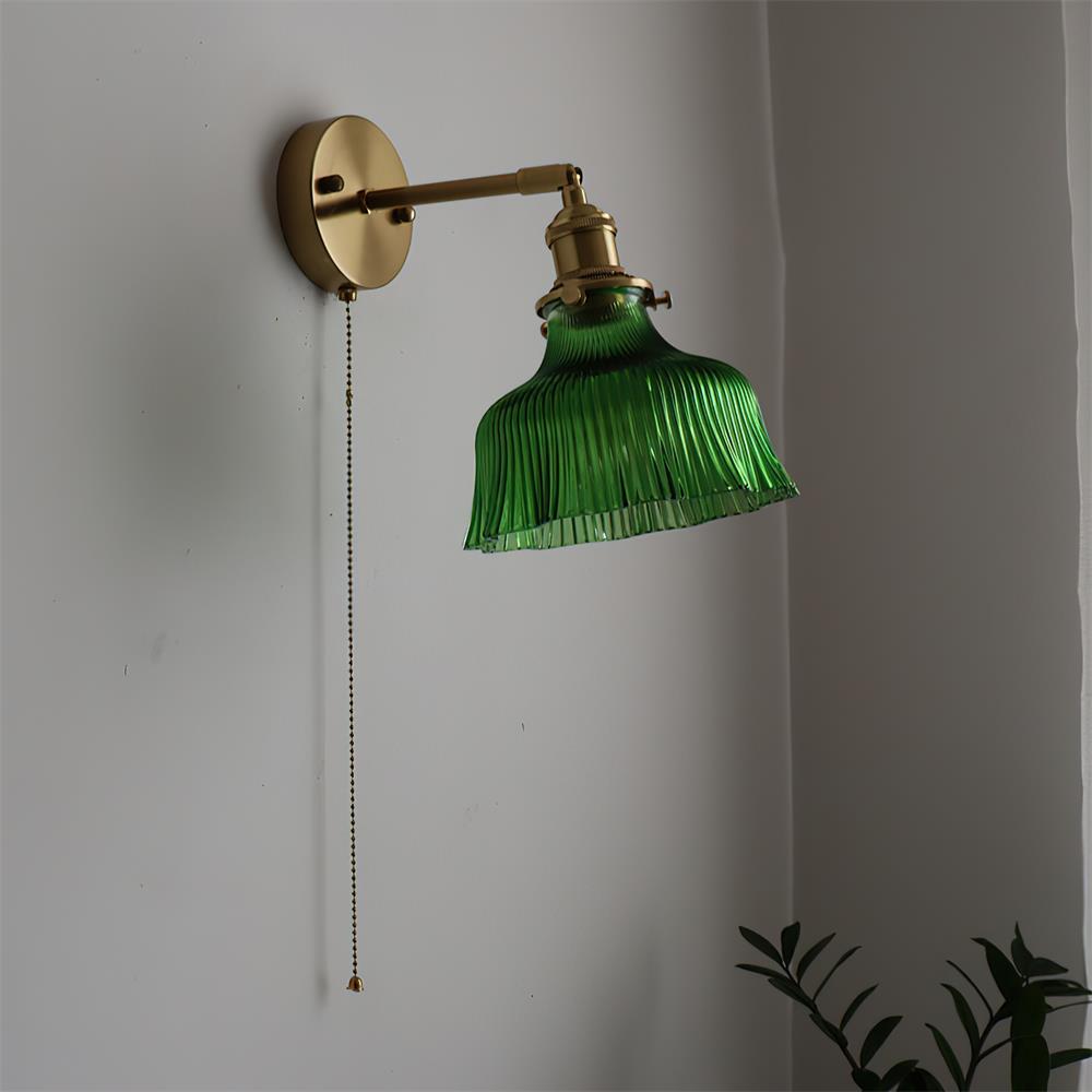 Wall Lamp Brass with Green/Clear Glass Shade and Pull Chain | ventumra