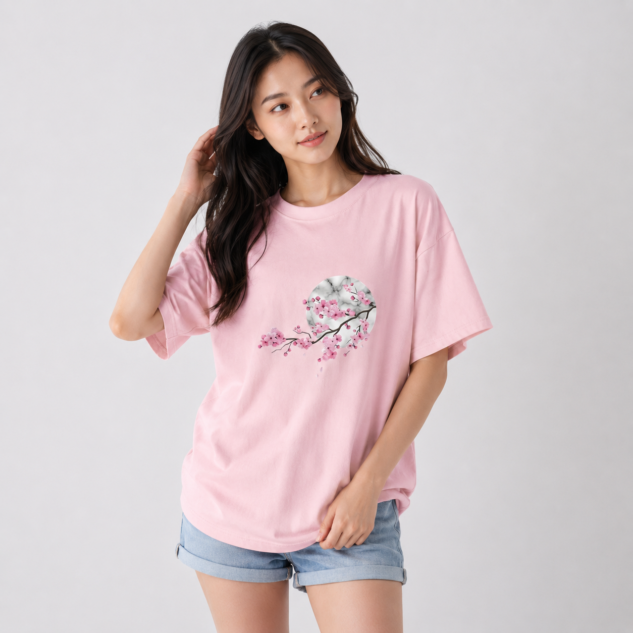 Baumwoll-T-Shirt mit Sakura-Kirschblüten und Vollmond | ventumra
