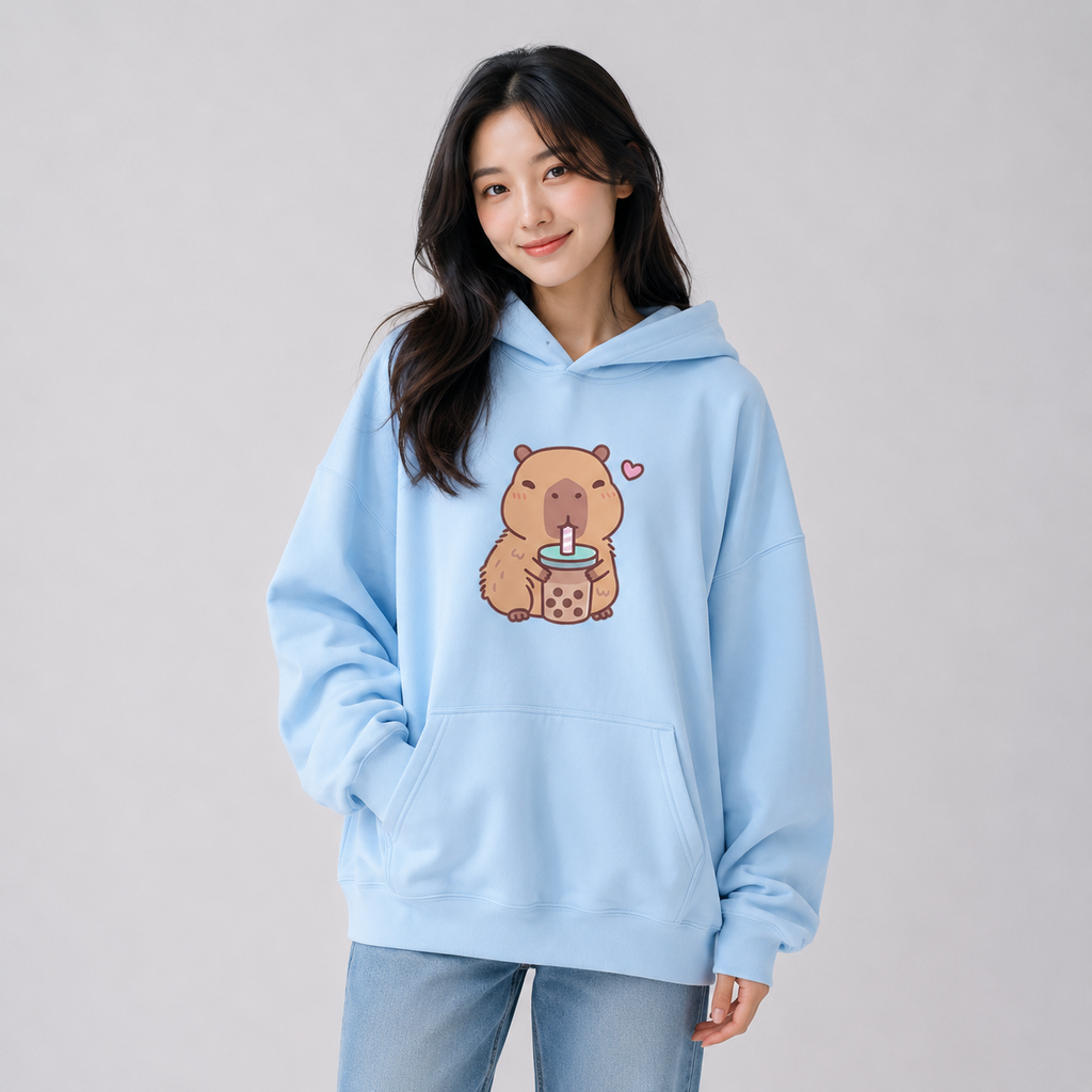 kawaiies-softtoys-plushies-kawaii-plush-Capybara Drinking Bubble Tea Unisex Hoodie Apparel Black XS 