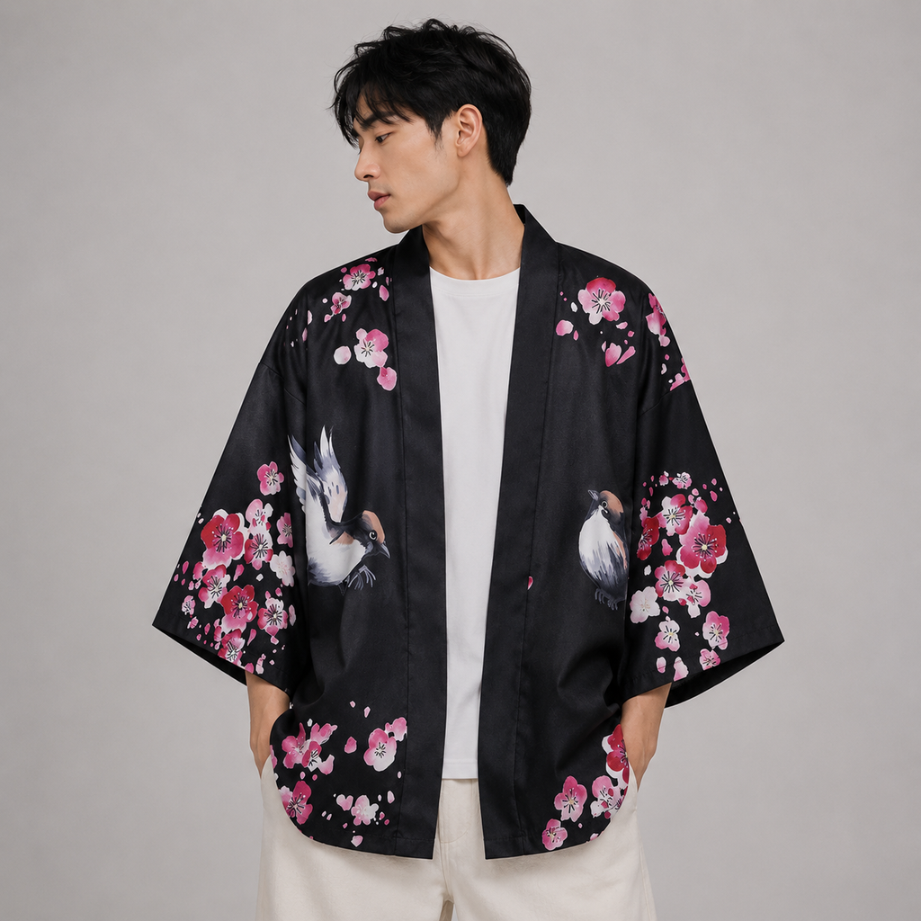 Japanese Sakura Black Red Anime Girl Long Kimono Cardigan Robes | ventumra