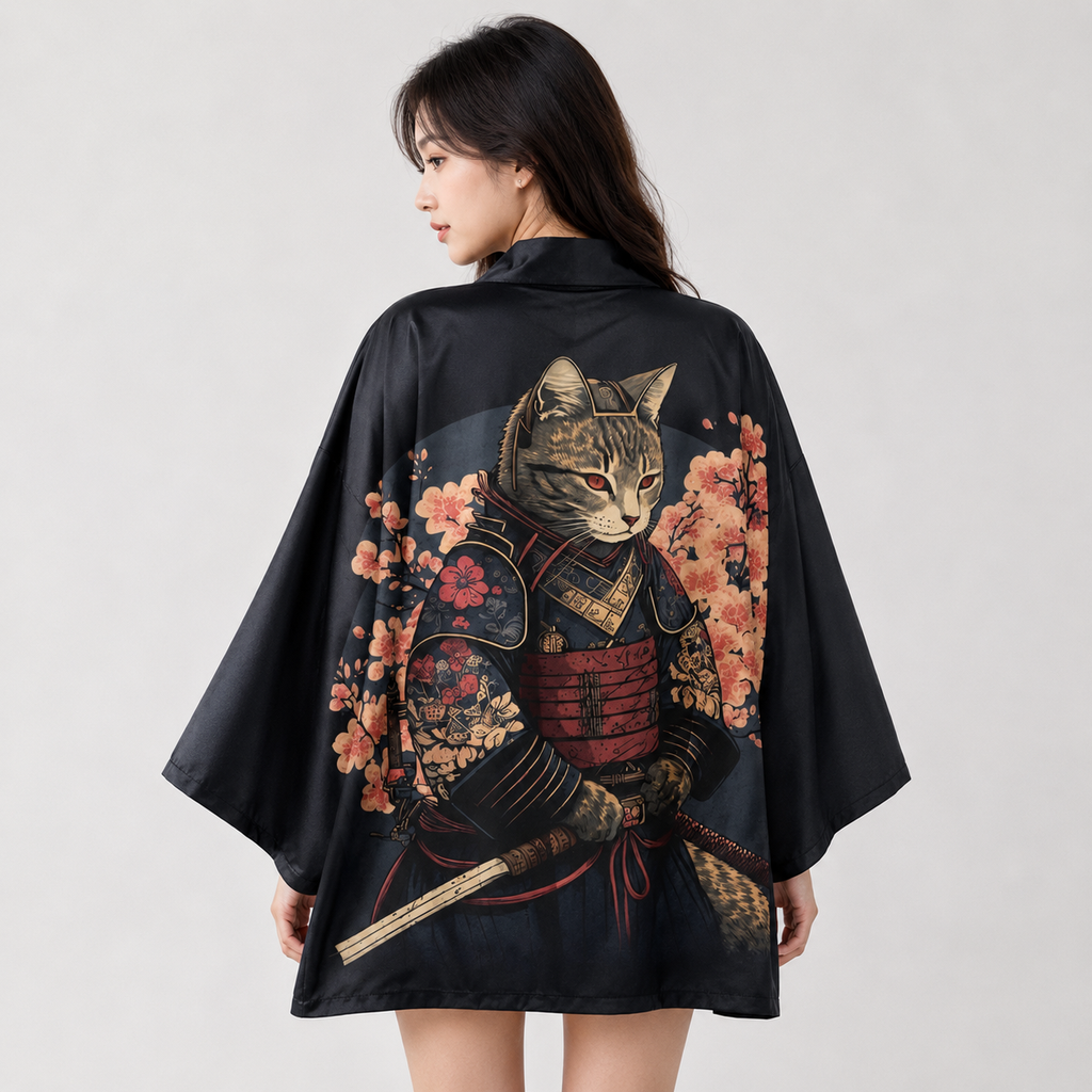 kawaiies-softtoys-plushies-kawaii-plush-Japanese-themed Sakura Samurai Cat Print Unisex Kimono Kimono 