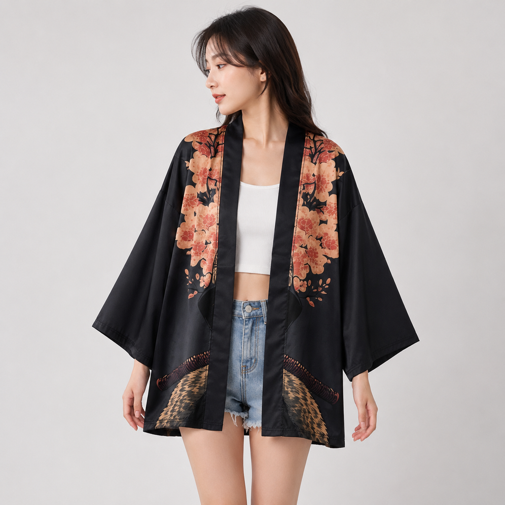 Japán ihlette szakura szamurájmacskás mintájú unisex kimonó | ventumra