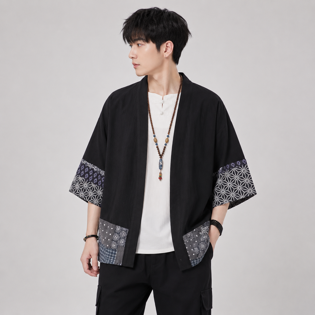 Japanese-themed Navy Pattern Black White Men's Haori Yukata Kimono Jacket - Kawaiies - Adorable - Cute - Plushies - Plush - Kawaii