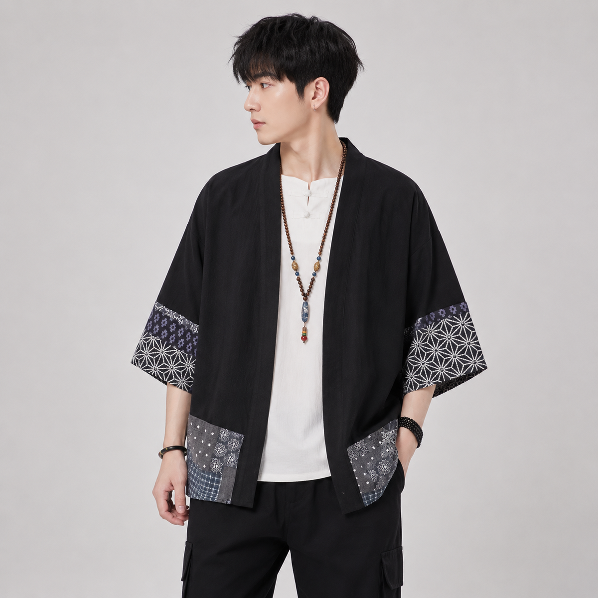 Japanese-themed Navy Pattern Black White Men's Haori Yukata Kimono Jacket - Kawaiies - Adorable - Cute - Plushies - Plush - Kawaii