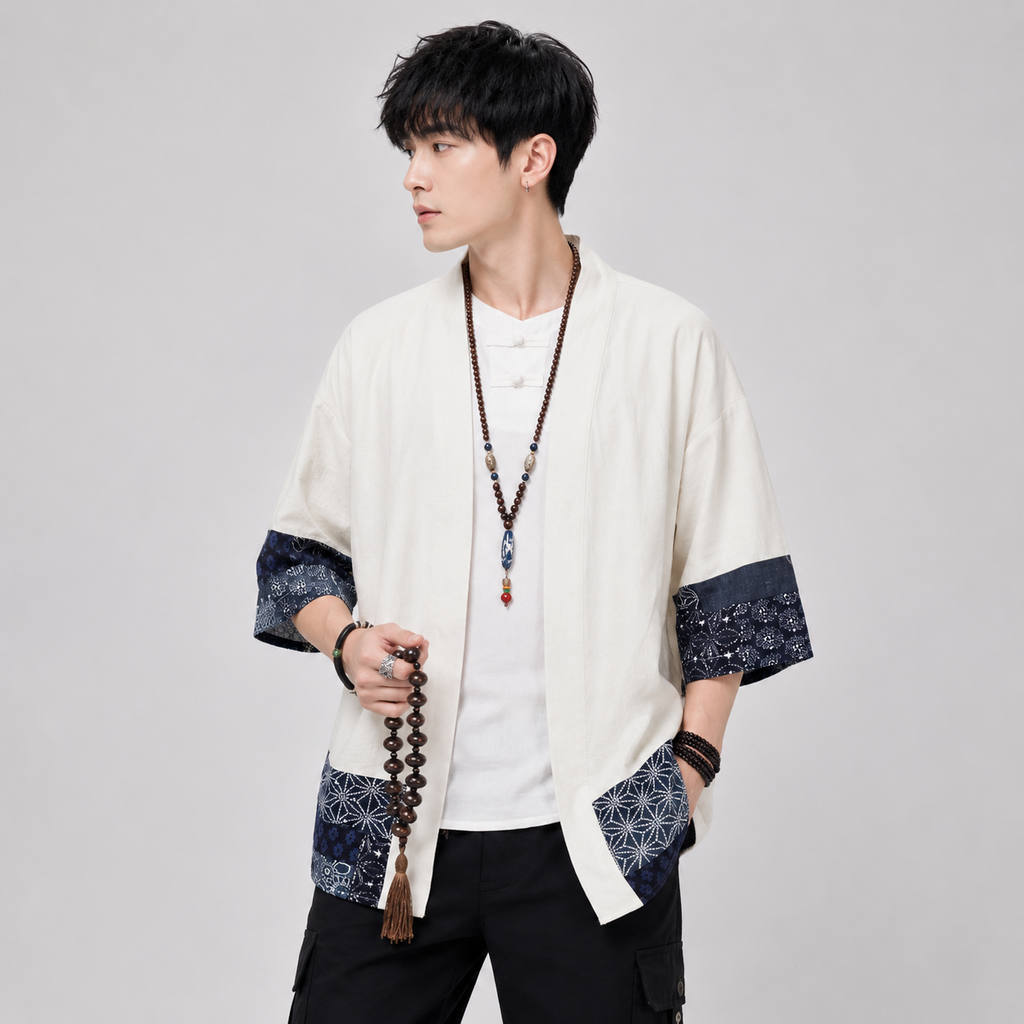 Japanese-themed Navy Pattern Black White Men's Haori Yukata Kimono Jacket - Kawaiies - Adorable - Cute - Plushies - Plush - Kawaii