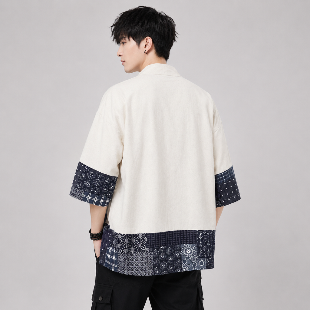Chaqueta kimono haori yukata negra y blanca para hombre, con estampado azul marino de inspiración japonesa | ventumra
