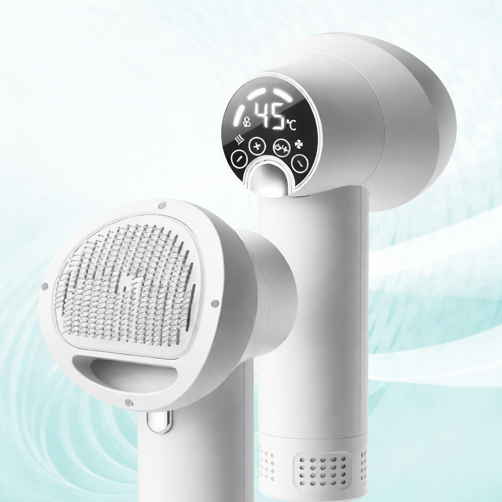 VelvetPaw Dryer — Rotating Brush Head, Integrated Warm-Air Fan, Gentle Drying and Brushing