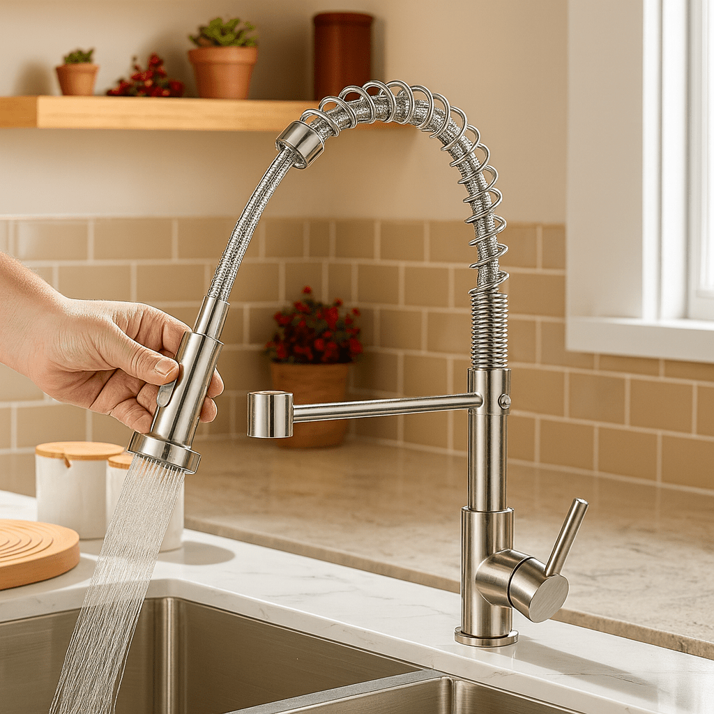 Robinet de cuisine moderne AeroFlow à double bec – finition noire et dorée