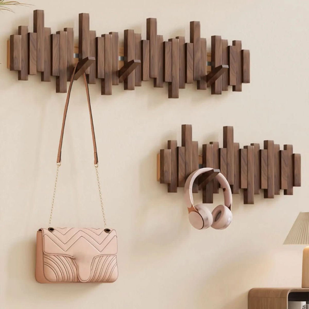 Perchero de pared con diseño de piano MelodyWood — Ganchos de madera plegables, organizador de pared