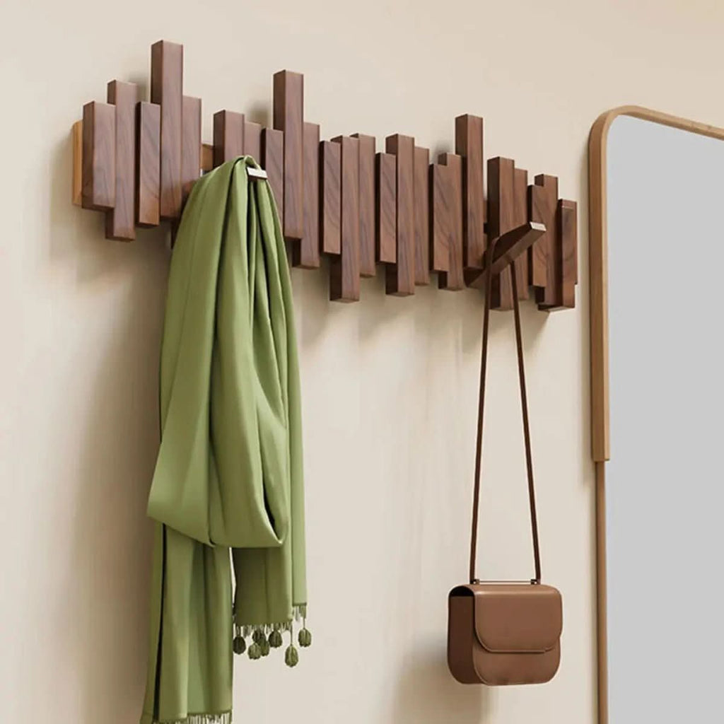 Perchero de pared con diseño de piano MelodyWood — Ganchos de madera plegables, organizador de pared