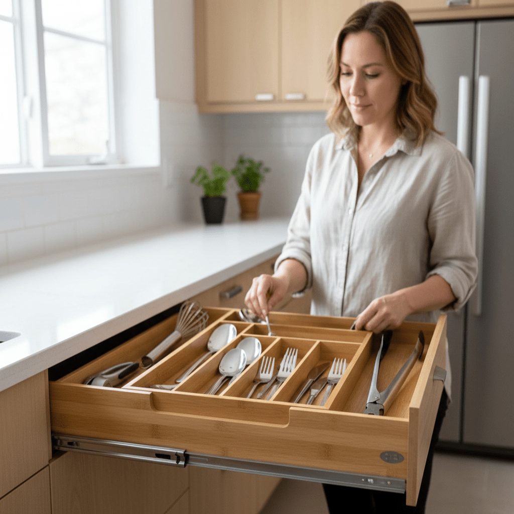 TimberFlex verstelbare ladeverdeler uit één stuk — milieuvriendelijk, breedte 30,6–50 cm