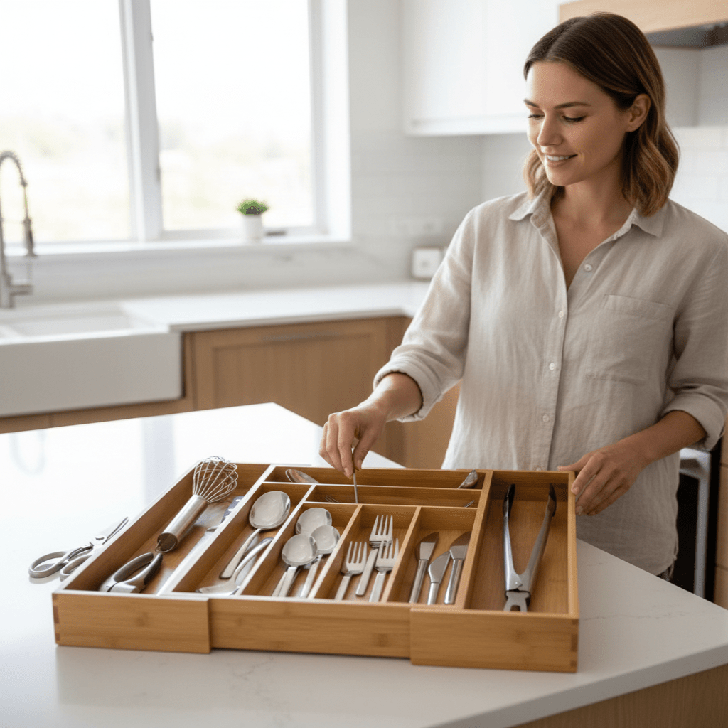 TimberFlex verstelbare ladeverdeler uit één stuk — milieuvriendelijk, breedte 30,6–50 cm