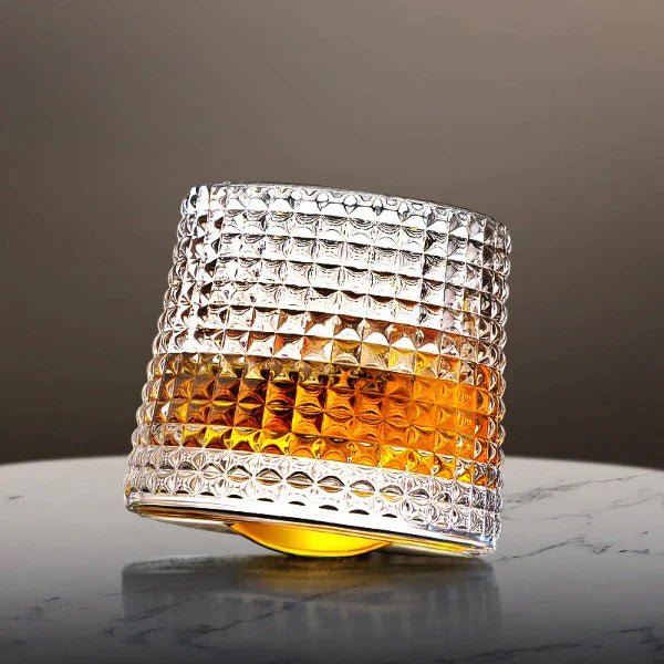 Whirluxe roterbare whiskyglass — bred, rund spinnbase