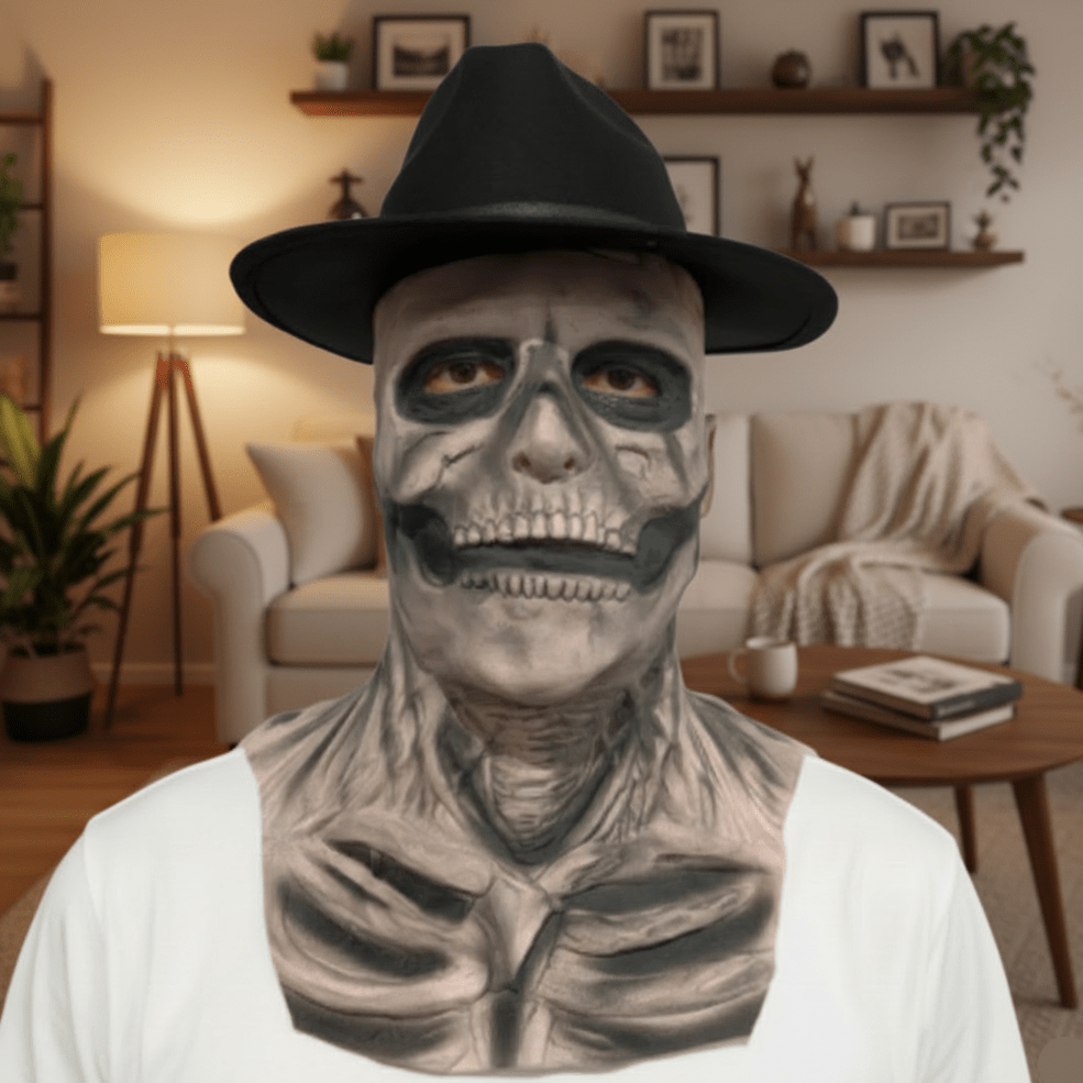 GraveShade Realistische Skelettmaske mit Hut – Detaillierte Prothesenmaske für das gesamte Gesicht