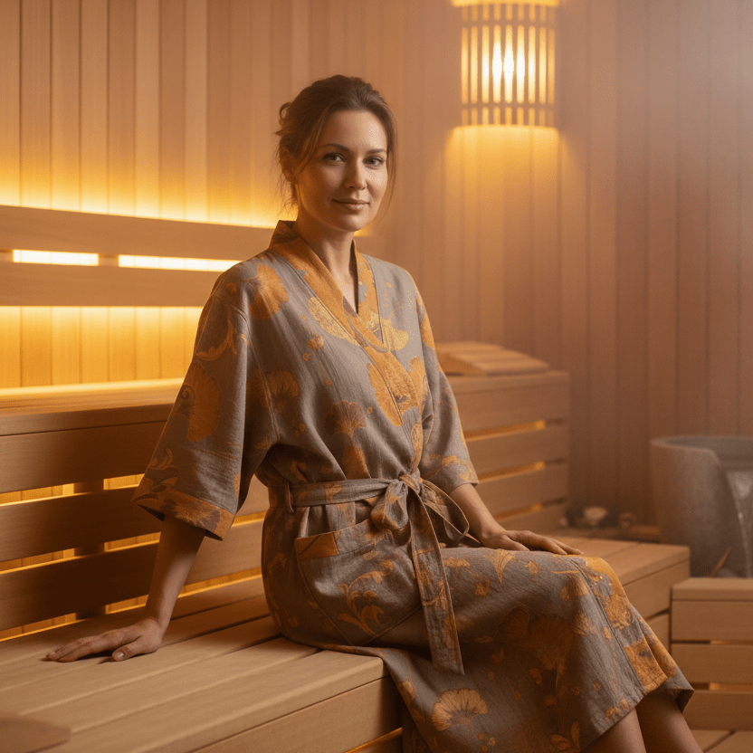 Luma oboustranný bavlněný kimono župan — tkanina z dvojité gázy, vzor listů ginkga