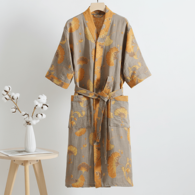 Luma oboustranný bavlněný kimono župan — tkanina z dvojité gázy, vzor listů ginkga