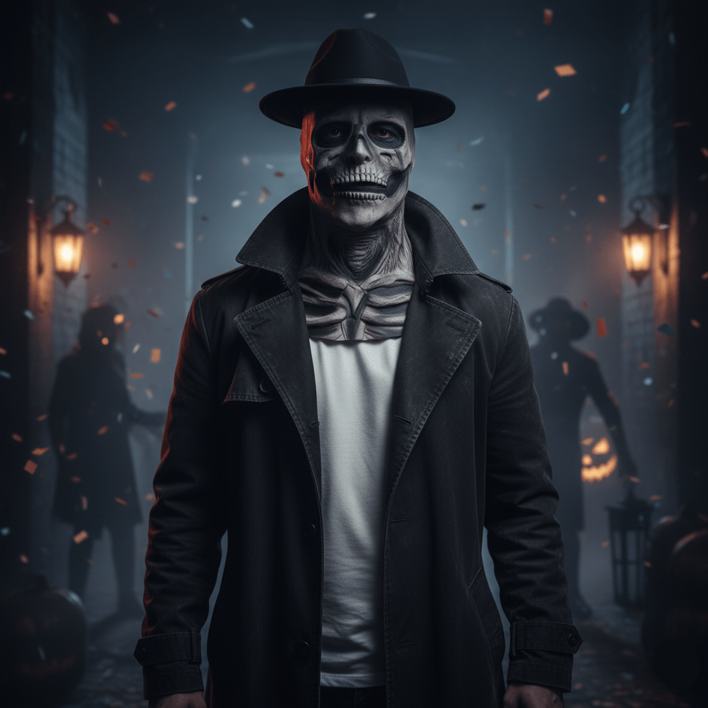 GraveShade Realistische Skelettmaske mit Hut – Detaillierte Prothesenmaske für das gesamte Gesicht