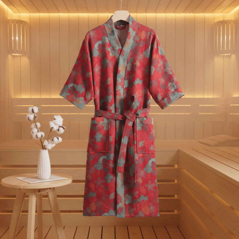 Luma oboustranný bavlněný kimono župan — tkanina z dvojité gázy, vzor listů ginkga
