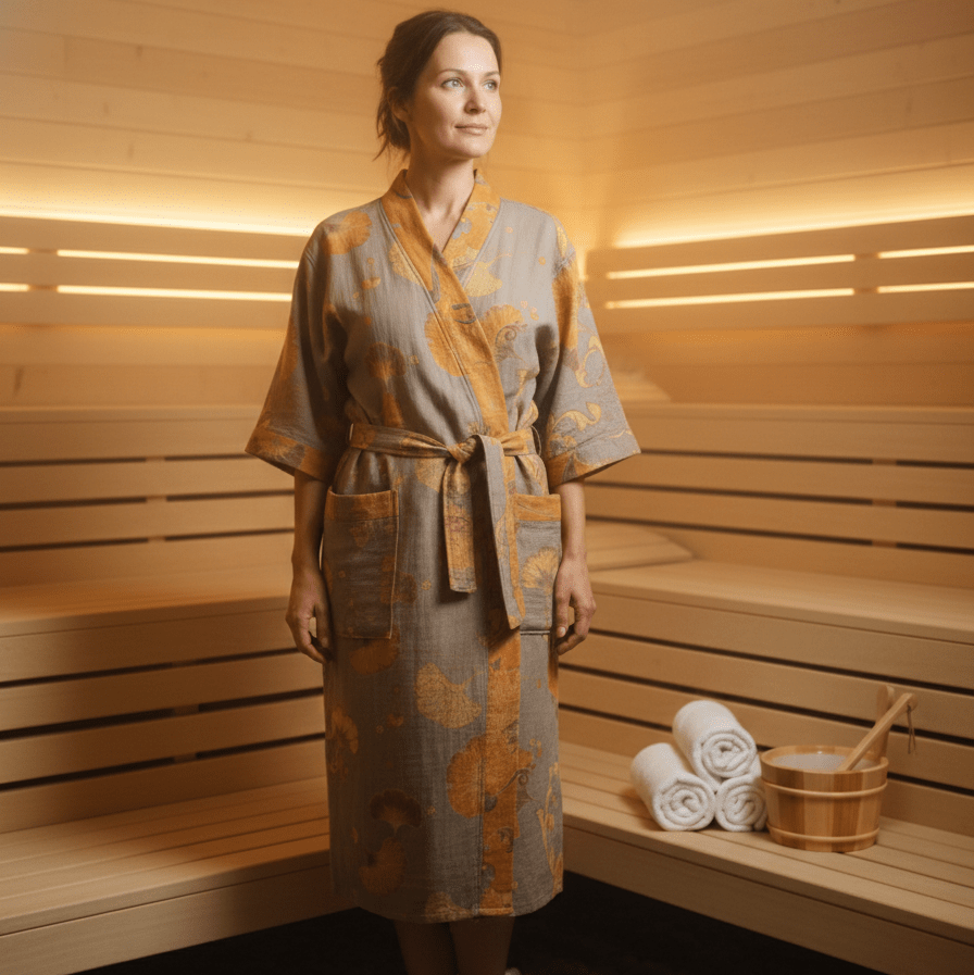 Luma oboustranný bavlněný kimono župan — tkanina z dvojité gázy, vzor listů ginkga