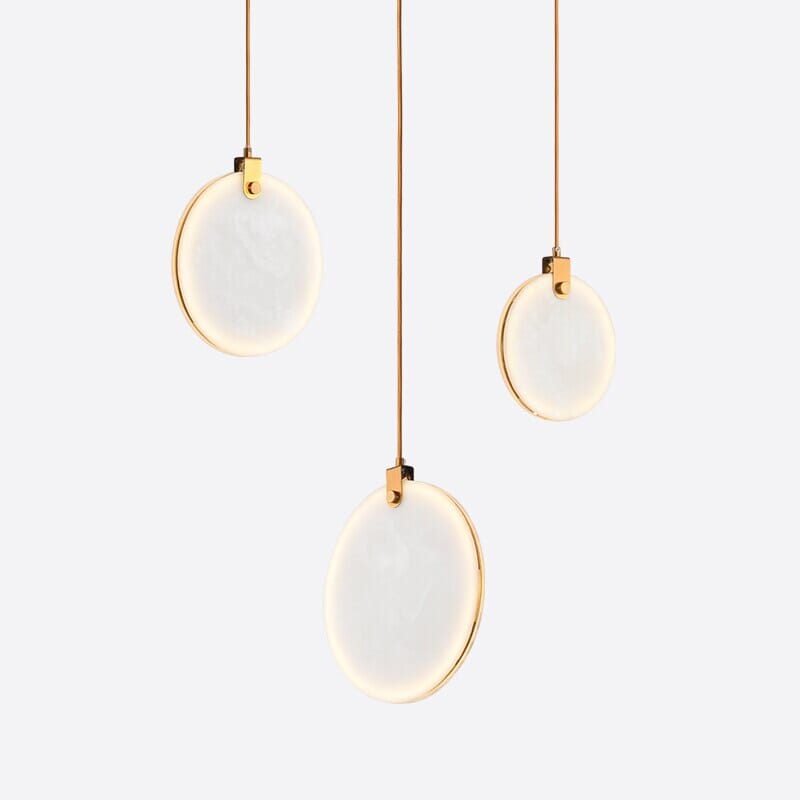 Round Marble Stone Pendant Light With White Resin Shade And Gold Accents