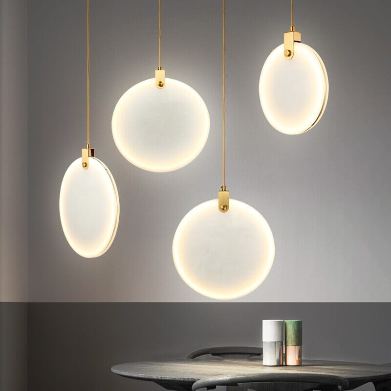 Round Marble Stone Pendant Light With White Resin Shade And Gold Accents