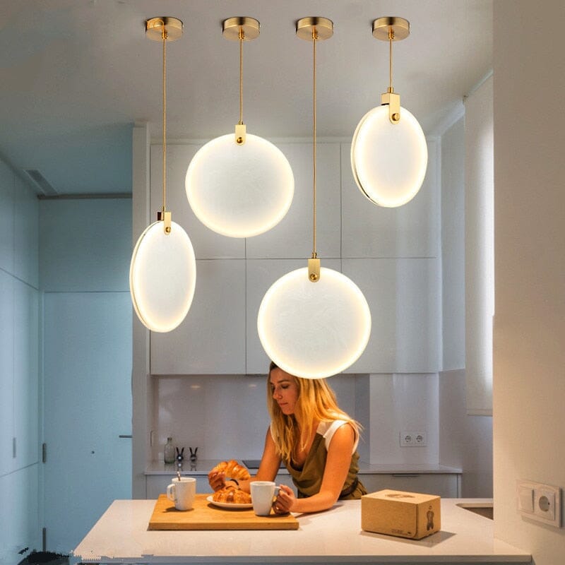 Round Marble Stone Pendant Light With White Resin Shade And Gold Accents