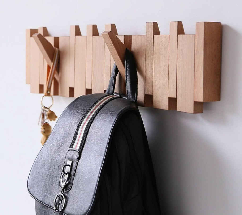 MelodyWood Piano-Style Wall Coat Rack — Handmade Folding Wooden Hooks