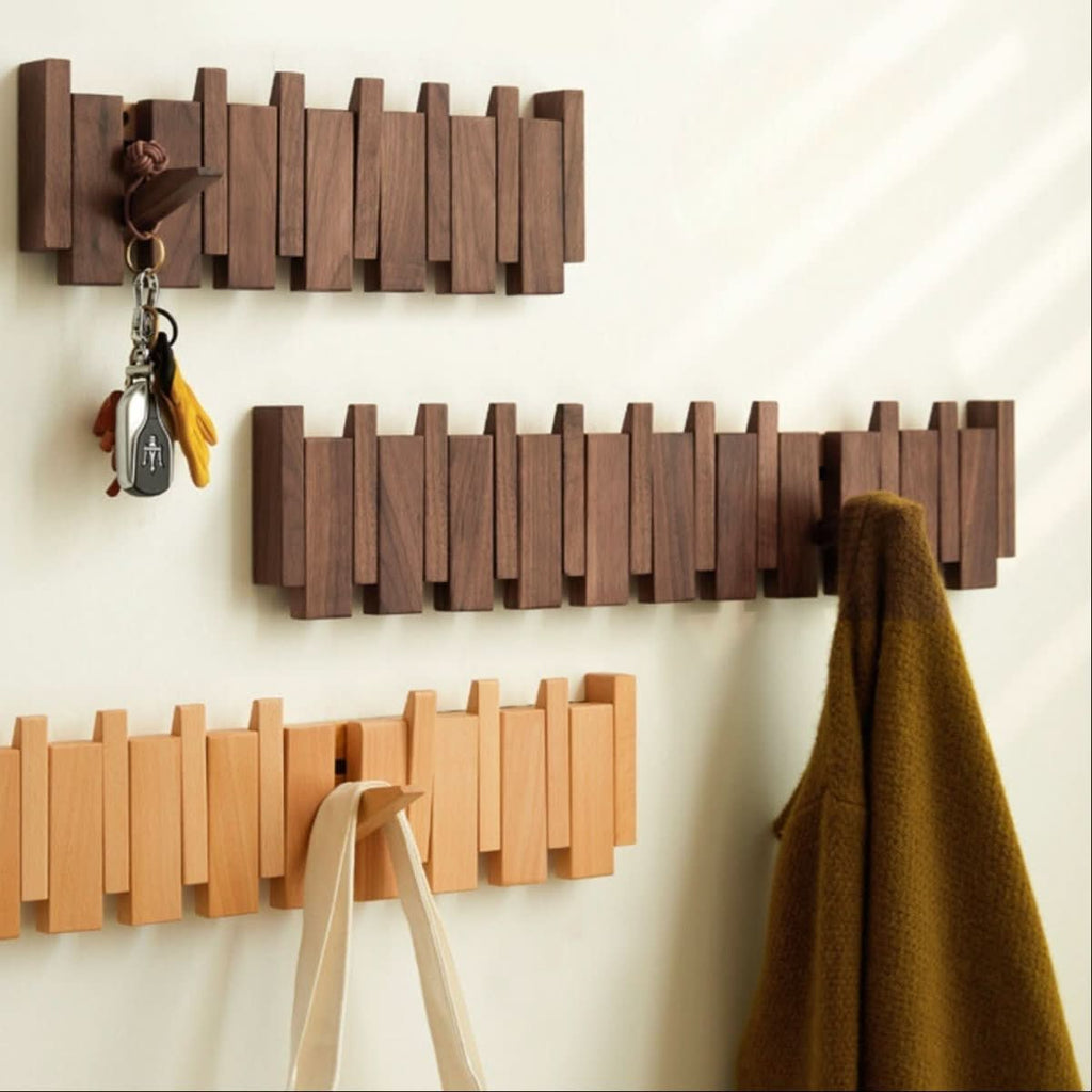 MelodyWood Piano-Style Wall Coat Rack — Handmade Folding Wooden Hooks