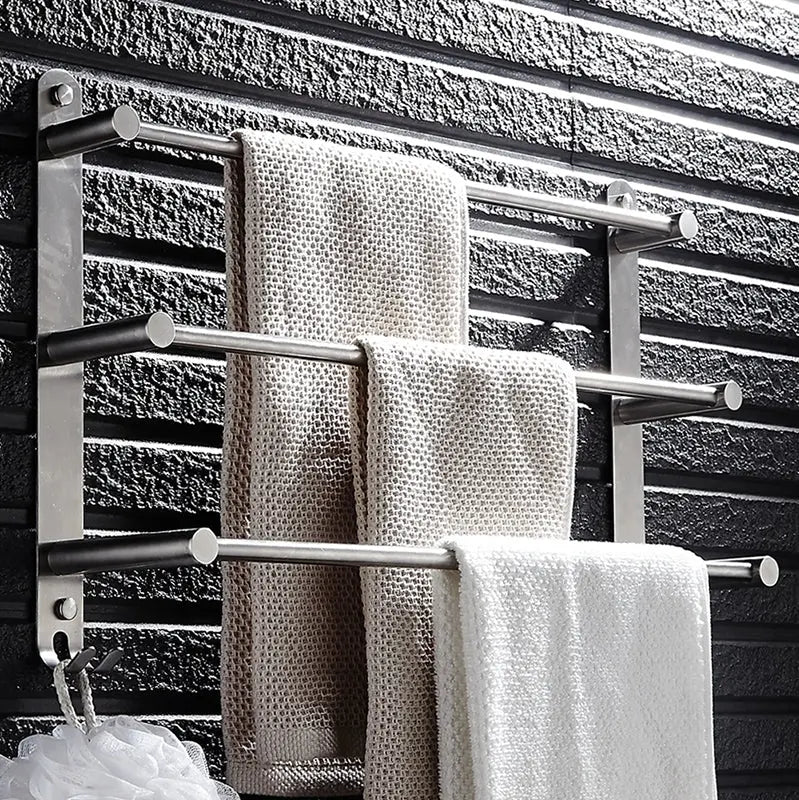Stainless Steel 3-Bar Towel Rack — Wall Mount with Hooks
