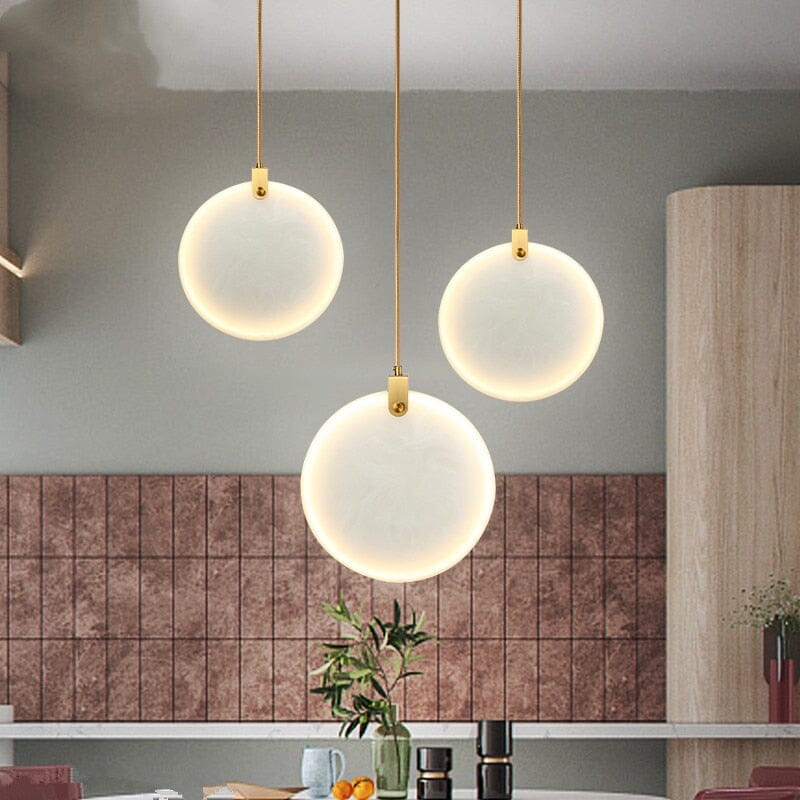 Round Marble Stone Pendant Light With White Resin Shade And Gold Accents