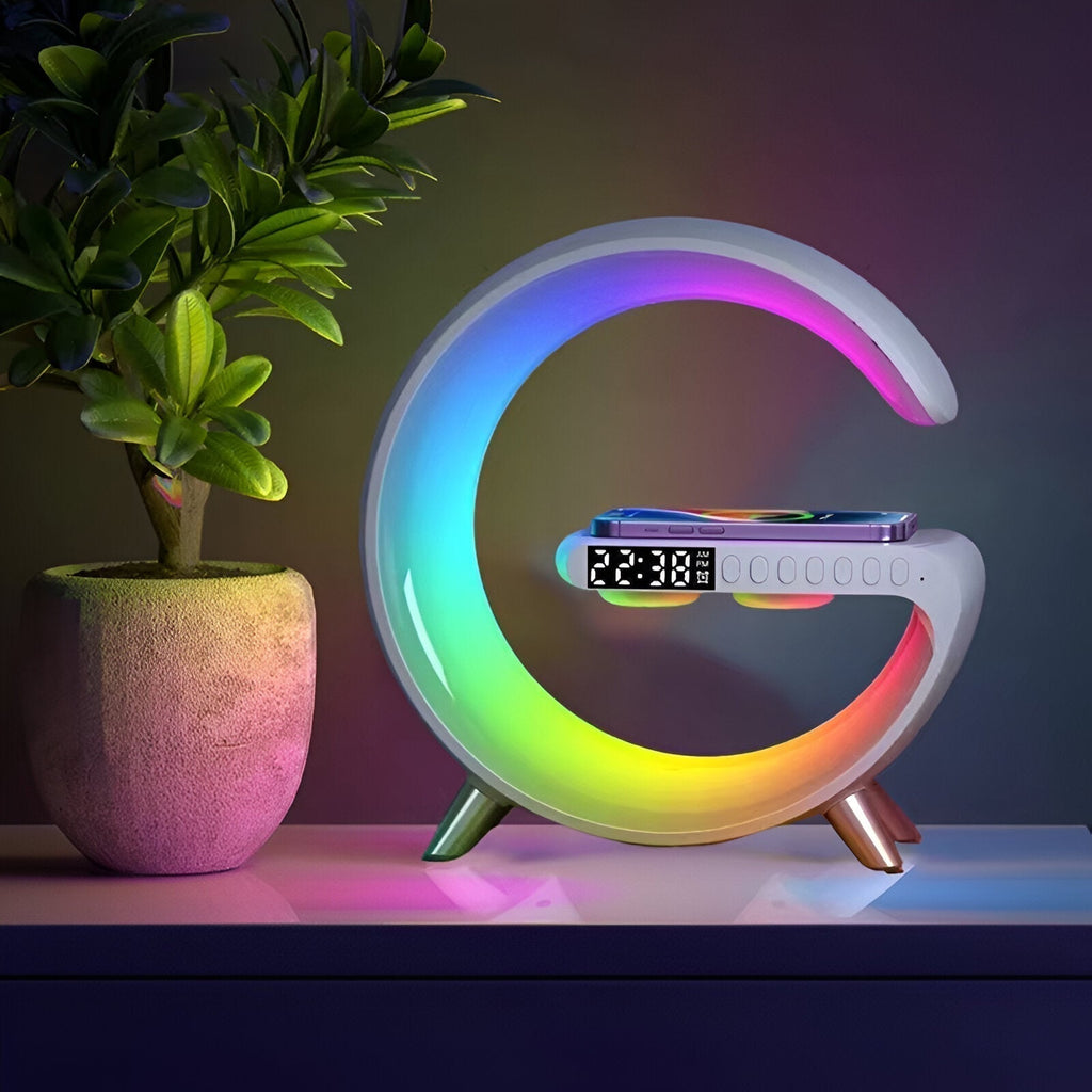Lumira | G-Shaped Bedside Lamp With Wireless Charger & Clock