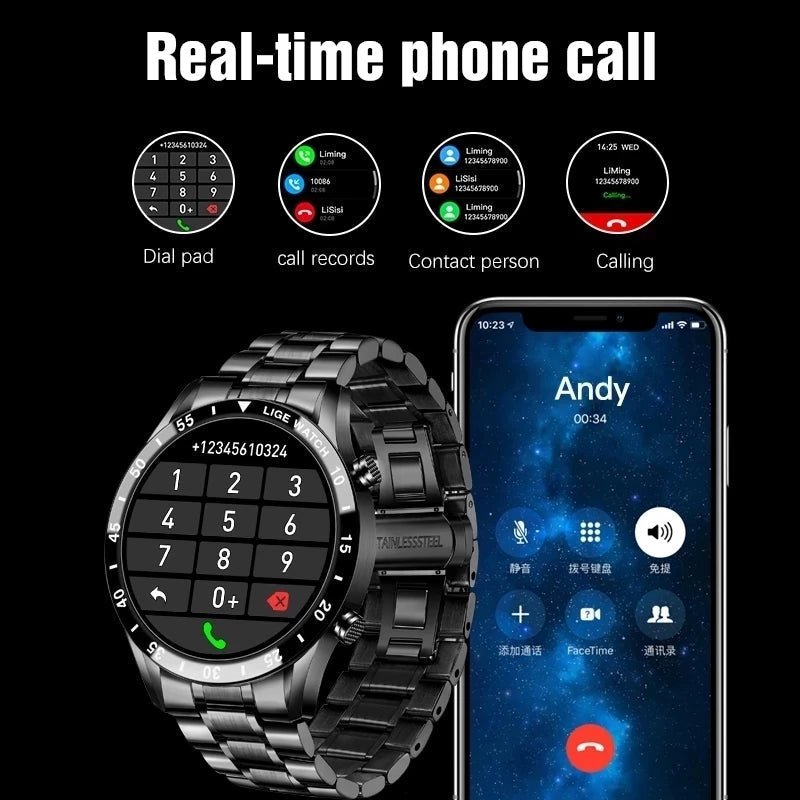 Smartwatch Bluetooth de luxo Aurelian — Bracelete em aço inoxidável, ecrã tátil completo, monitorização da saúde