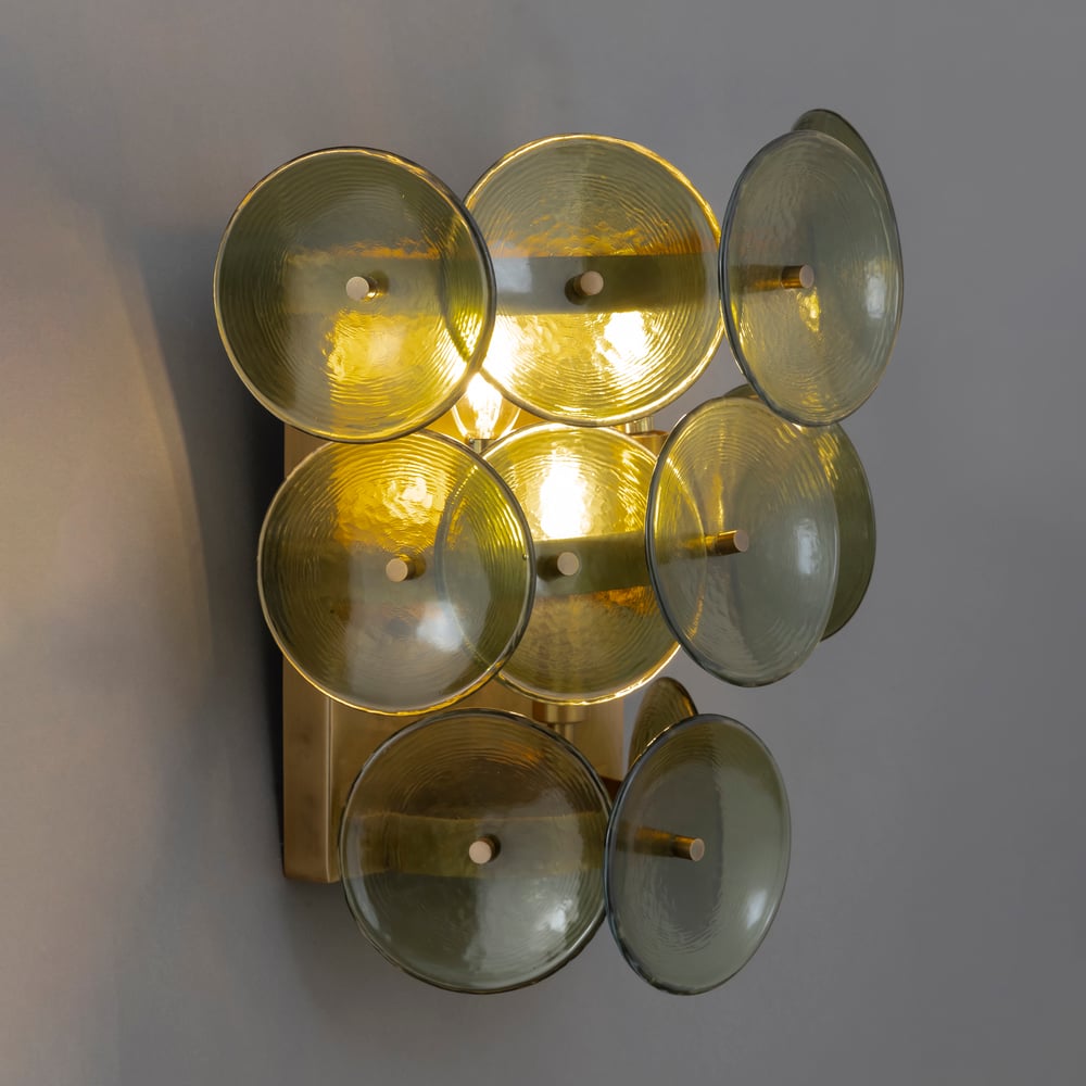 Aurora Wall Sconce Pressed Glass Disc Vintage Amber | ventumra
