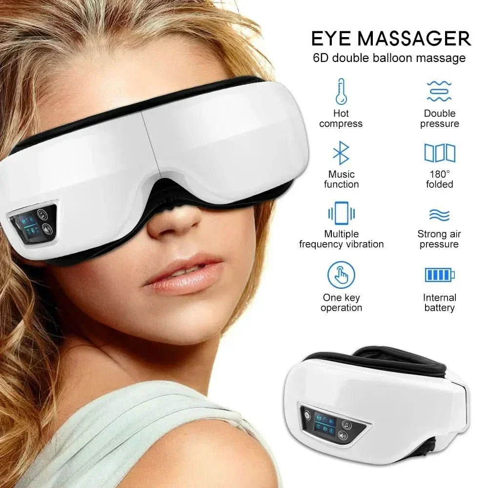 LuminaFlex מכשיר עיסוי עיניים 6D — לחץ אוויר, חימום, רטט, Bluetooth, עיצוב מתקפל