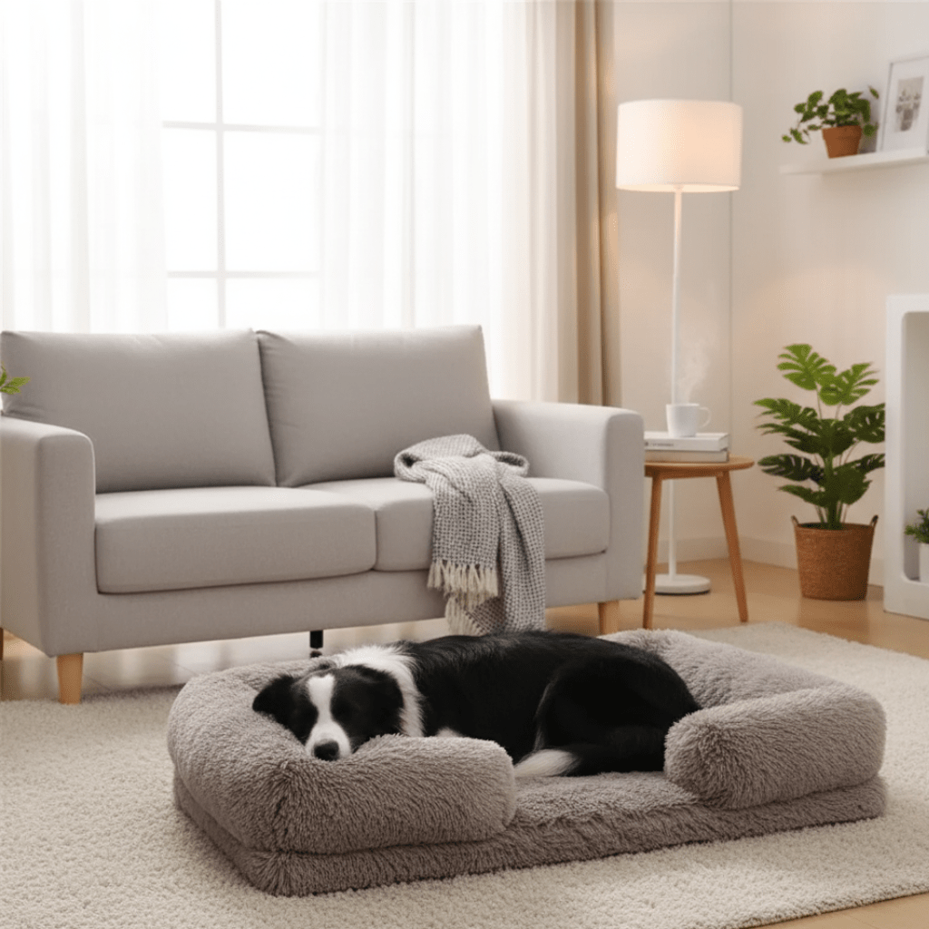 SnugNest hundeseng i minneskum — myke sidestøtter