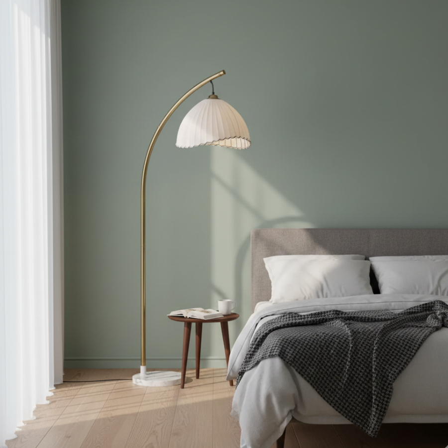 Coastal Floor Lamp With Fabric Shade And Bamboo Finish