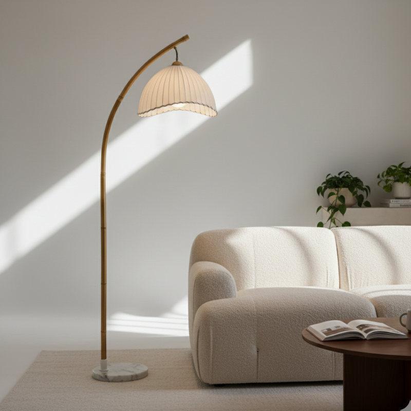 Coastal Floor Lamp With Fabric Shade And Bamboo Finish