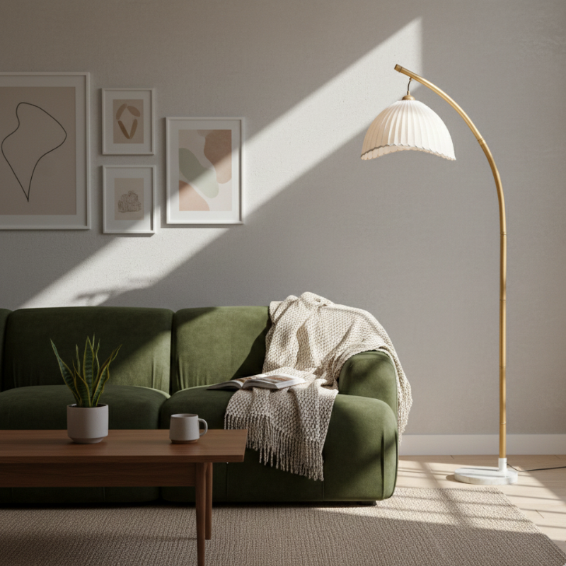Coastal Floor Lamp With Fabric Shade And Bamboo Finish