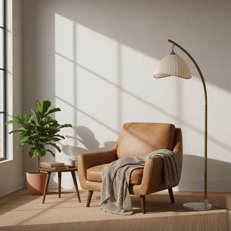 Coastal Floor Lamp With Fabric Shade And Bamboo Finish