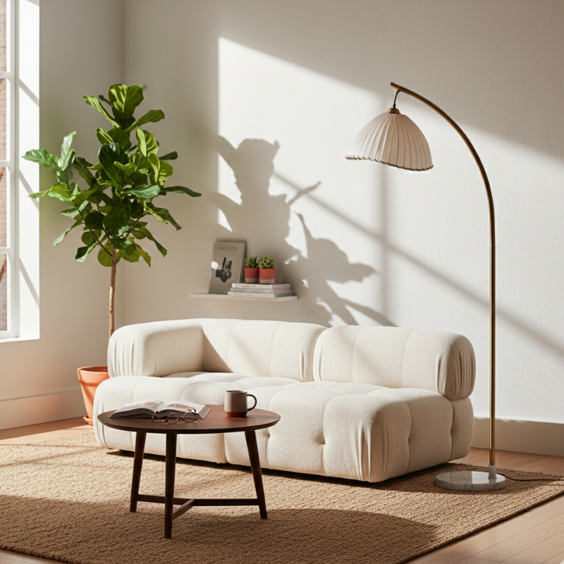 Coastal Floor Lamp With Fabric Shade And Bamboo Finish
