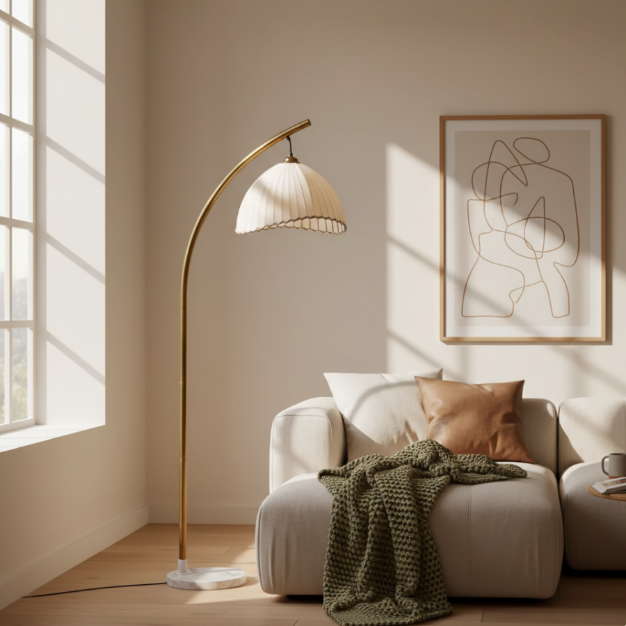 Coastal Floor Lamp With Fabric Shade And Bamboo Finish