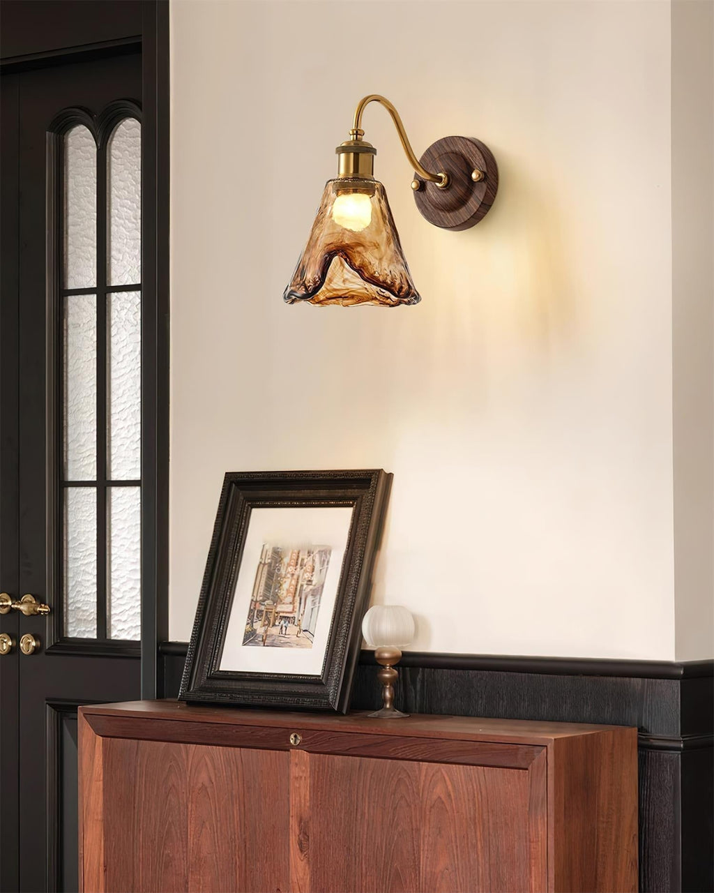 Wall Lamp Amber Glass Shade Walnut Gold Vintage Modern Sconce | ventumra