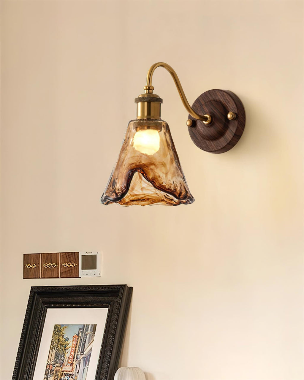 Wall Lamp Amber Glass Shade Walnut Gold Vintage Modern Sconce | ventumra